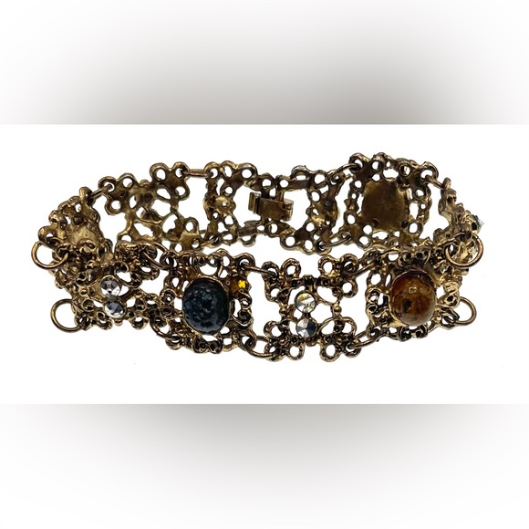 Vintage Gold Tone Ornate Scroll Design Panel Linked Cabochon Gems - Picture 4 of 11